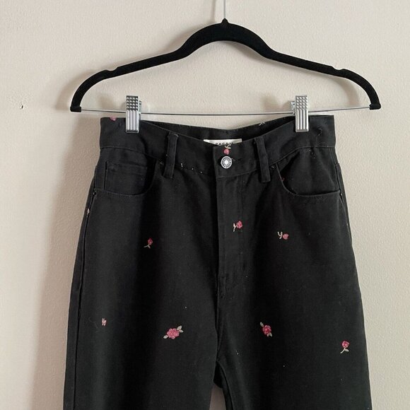 Pacsun Womn 25 Black Denim Floral Embroidered Button Fly High Rise Straight Jean - Picture 4 of 12